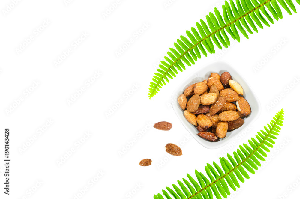 Almond nut in white bowl and green plant isolated on white background Almond nut in white bowl and green plant isolated on white background