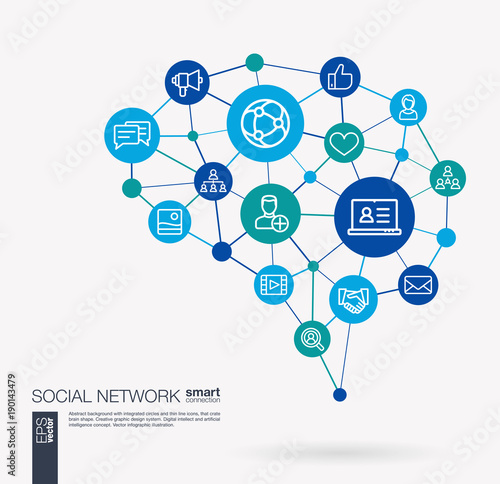 AI creative think system concept. Digital mesh smart brain idea. Futuristic interact neural network grid connect. Society, social media, global people communication integrated business vector icons.