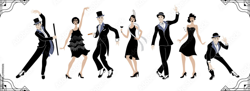 Charleston Party. Gatsby style set. Group of retro woman and man dancing  charleston. Vintage style. retro silhouette dancer.1920 party vector  background.Swing dance Stock Vector | Adobe Stock