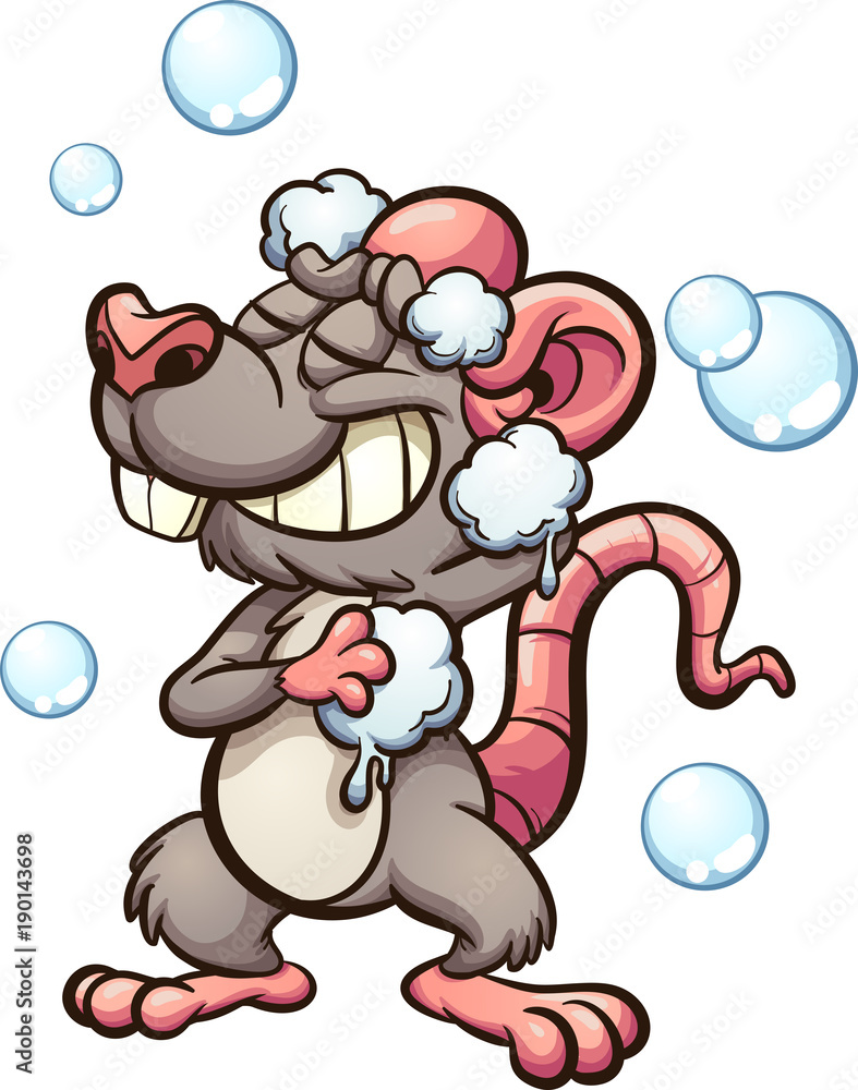 Cartoon rat taking a shower. Vector clip art illustration with simple