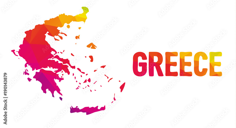 Low polygonal map of Greece with sign Greece, both in warm colors of red, purple, orange and yellow