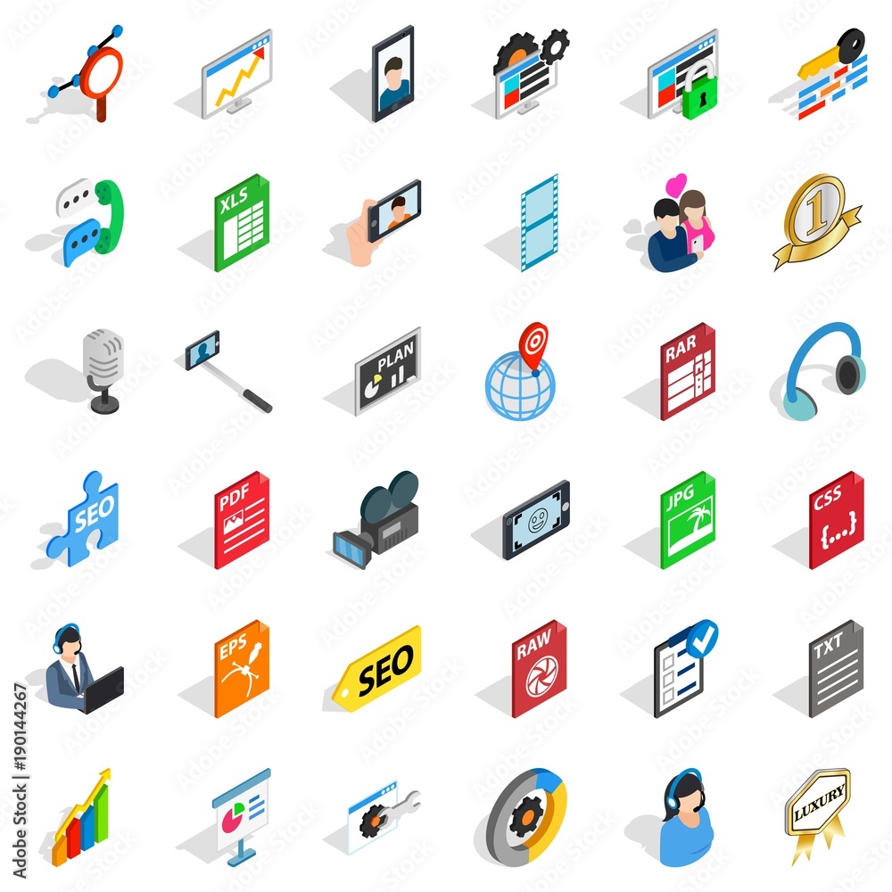 Media computer icons set, isometric style