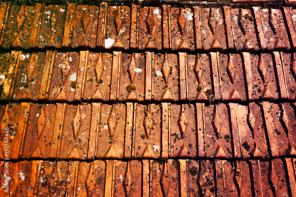 Background of old and worn roof tiles with moss Background of old and worn roof tiles with moss