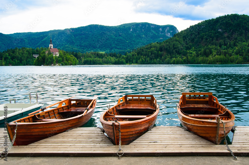 wooden boats on Lake Bled, Slovenia