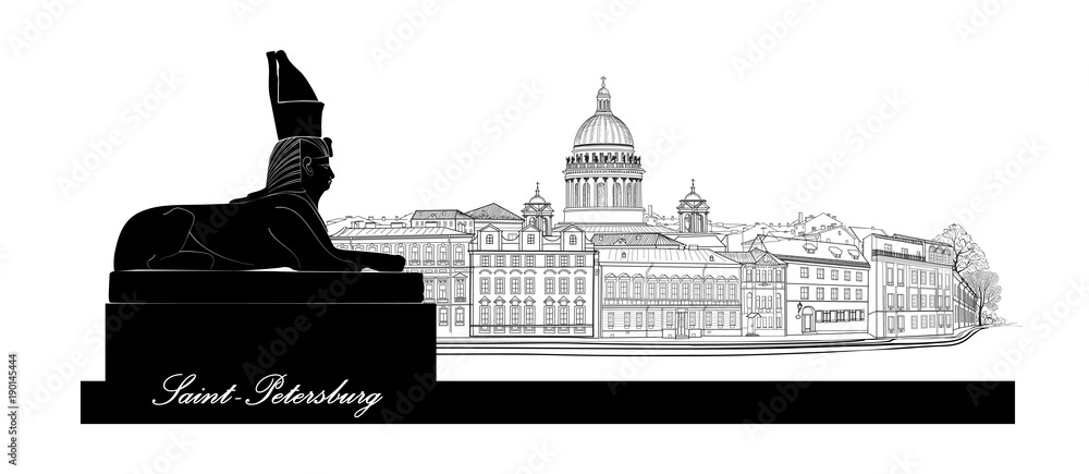St. Petersburg city, Russia. Saint Isaac's cathedral skyline with Egyptian Sphinx monument