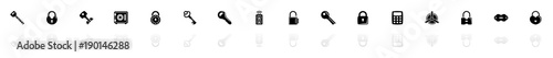 Keys and Locks icons - Black horizontal Illustration symbol on White Background with a mirror Shadow reflection. Flat Vector Icon.