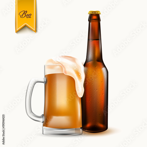 Vector realistic beer bottle, glass mockup 3d