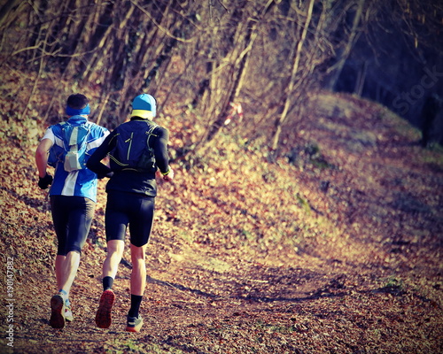 athletes run in the path in the woods during a cross country race