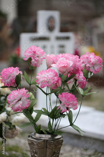 pink flowers on the grave of a cemetery