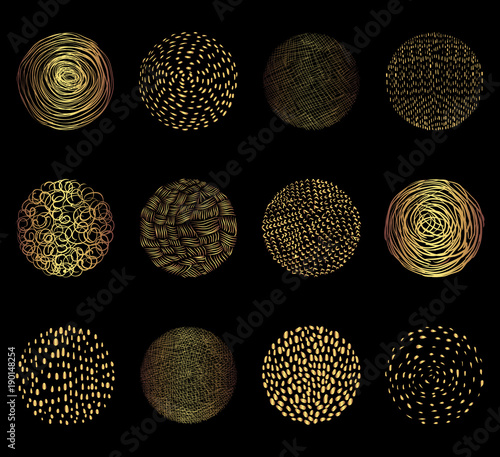 Hand drawn gold vector texture circles. Graphic design elements for banners and wedding invitations