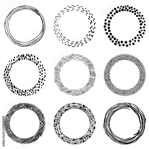Set of vector abstract round grunge frames for graphic design, brandaning and packaging materials, hand drawn circle borders and labels