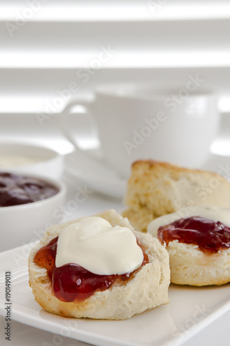 Scones with Strawberry Jam and Cream Devonshire Tea photo