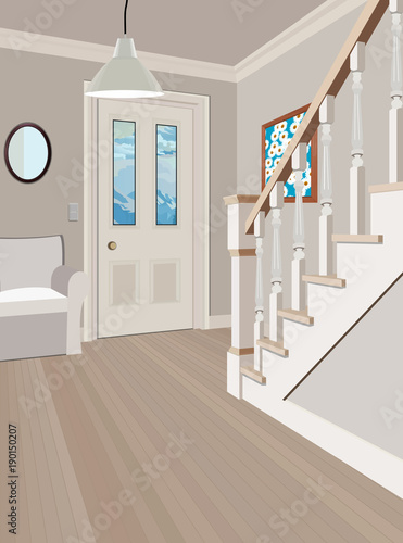 Interior of an internal corridor with a staircase. Design of an old corridor. Hallway illustration.