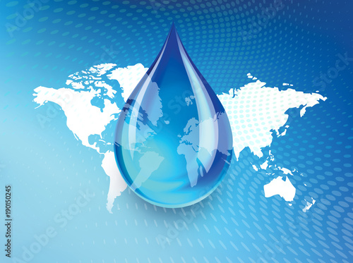 Photography Abstract concept indicating a world wide fresh water crisis and shortage with a droplet of water suspended over a global map with swirling dots background