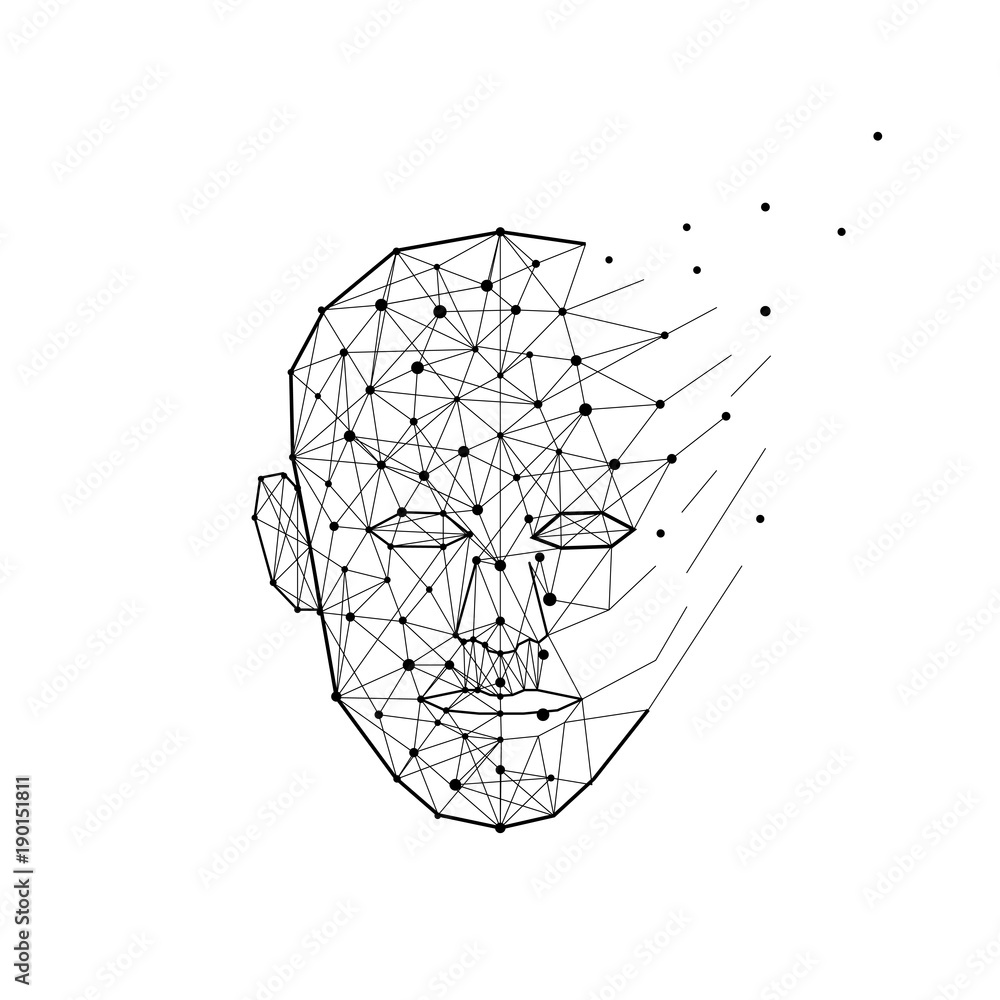 Polygon human head exploding and breaks into lines and dots. Smart