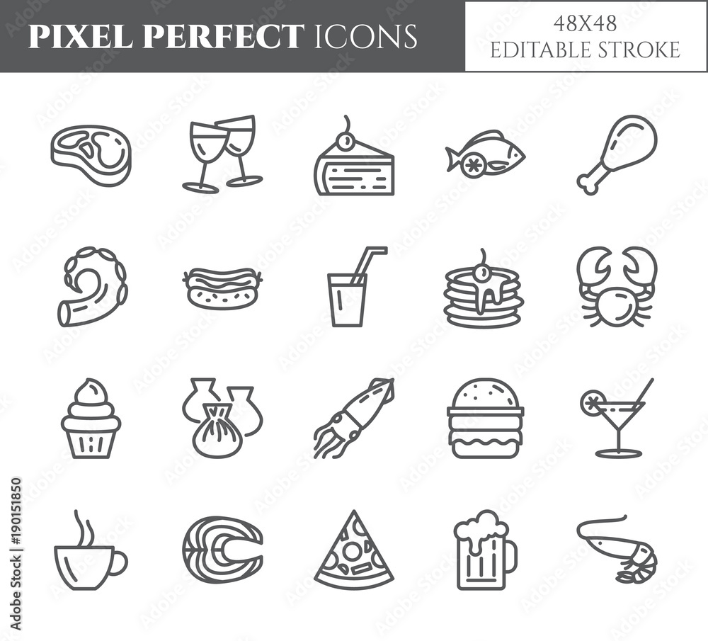 Meals theme pixel perfect thin line icons. Set of elements of pie, steak, fish, tea, wine, shrimp, pizza and other restaurant food related pictograms. Vector illustration. 48x48. Editable stroke