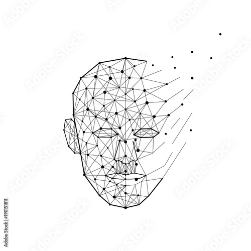 Polygon human head exploding and breaks into lines and dots. Smart person and mind concept, vector illustration