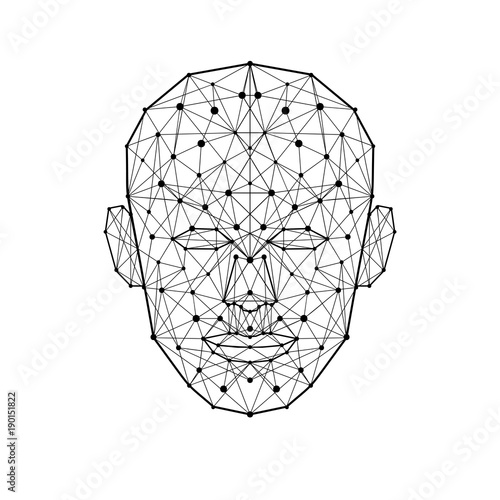 Human face low polygon. Wireframe mash head shape isolated on white background. Vector Illustration