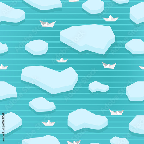 Spring seamless pattern of ice floes and paper ships. Striped background