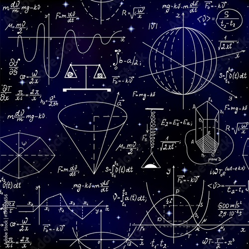 Math vector seamless pattern with handwritten plots and spheres  calculations  formulas and equations on a cosmic starry background