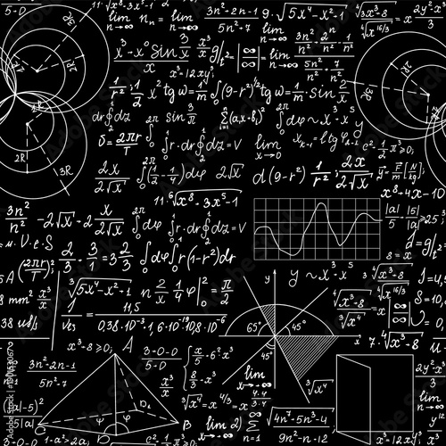 Educational physics vector seamless pattern with handwritten physical formulas, plots, calculations
