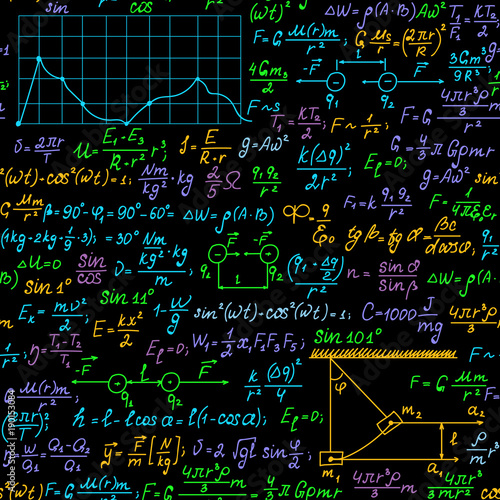 Multicolored physics vector seamless pattern with handwritten plots, formulas and calculations. Math colorful endless texture. You can use any color of background