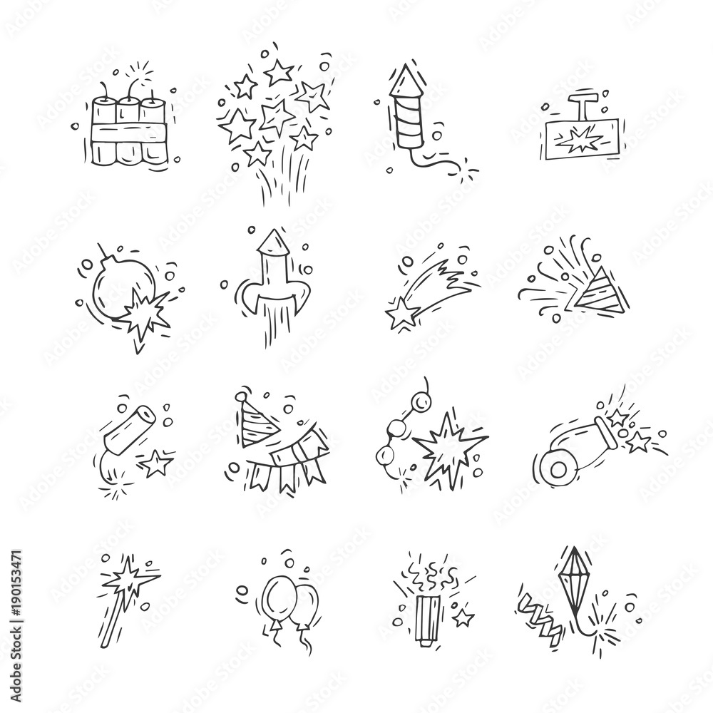 Hand draw firework icon set with petard, stars and pyrotechnics. Festival and event, celebrate and party. Vector illustration.