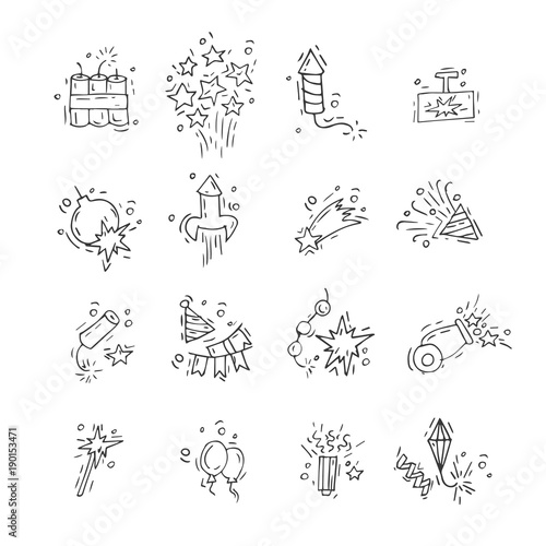 Hand draw firework icon set with petard, stars and pyrotechnics. Festival and event, celebrate and party. Vector illustration.