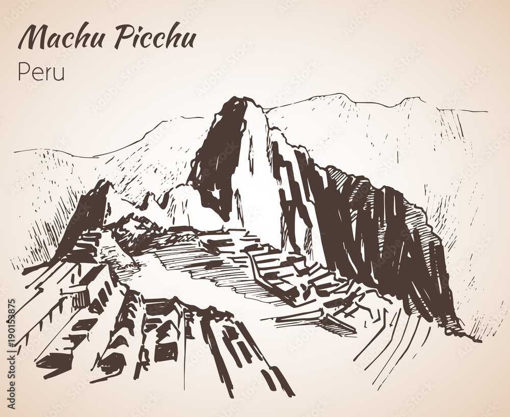 Premium Vector | Machu picchu landscape (peru), vintage engraved  illustration, hand drawn, sketch