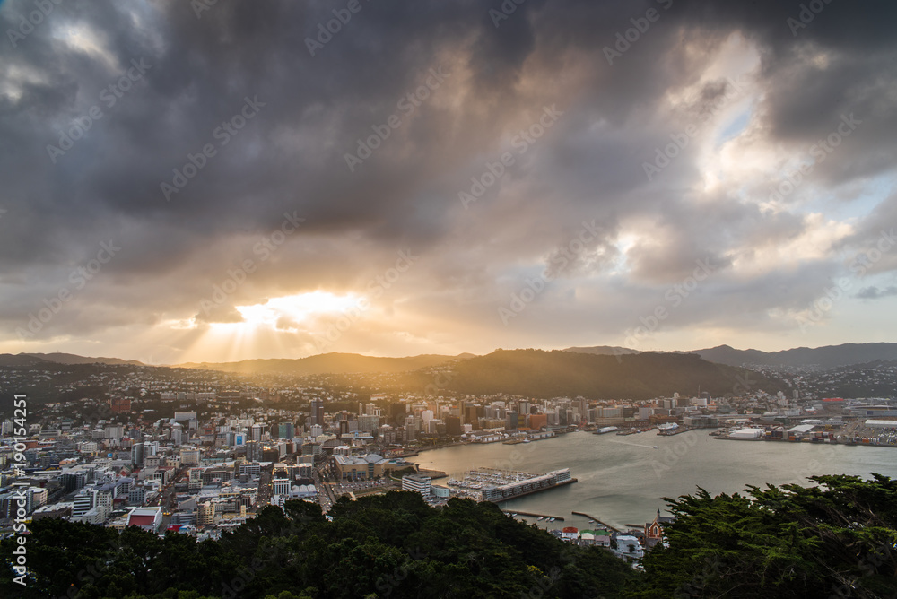 Wellington New Zealand seen from Mount Victoria during sunset. 