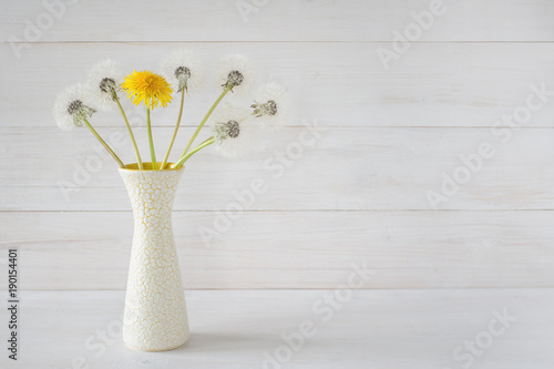 Fototapeta Naklejka Na Ścianę i Meble -  Löwenzahn in der Vase ist am verändern und verwandeln in Farbe weiß