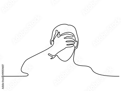 Continuous line drawing. Man covering his eyes with hand. Vector illustration
