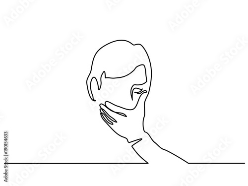 Continuous line drawing. Man covering his mouth with hand. Vector illustration