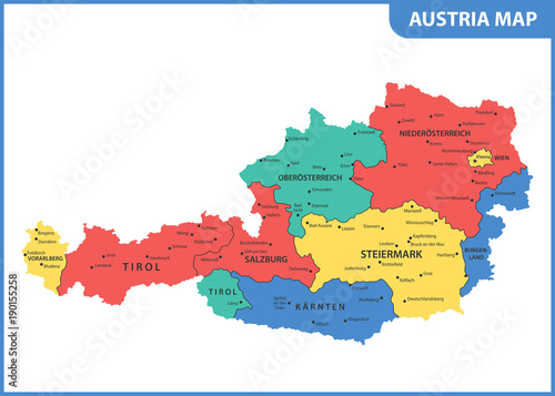 The detailed map of the Austria with regions or states and cities, capital