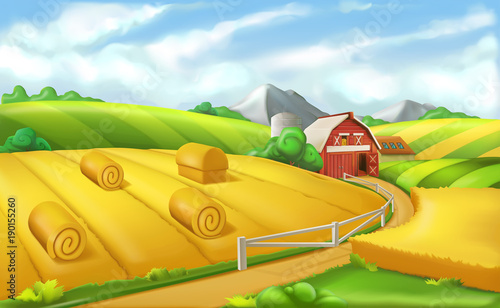 Farm. Landscape panorama, 3d vector illustration