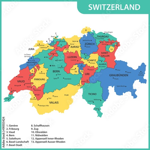 The detailed map of the Switzerland with regions or states and cities  capitals