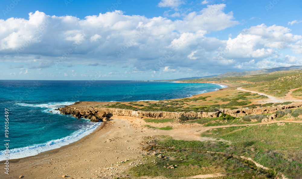 Entering Akamas Peninsula, Cyprus. View of the Toxeftra Beach from the viewpoint on the top of the hill