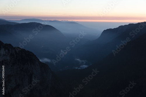 Creux-du-Van or Creux du Van  Rocky Amphitheater before sunrise  canton Neuchatel  Switzerland