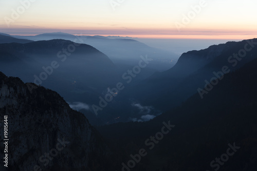 Creux-du-Van or Creux du Van: Rocky Amphitheater before sunrise, canton Neuchatel, Switzerland