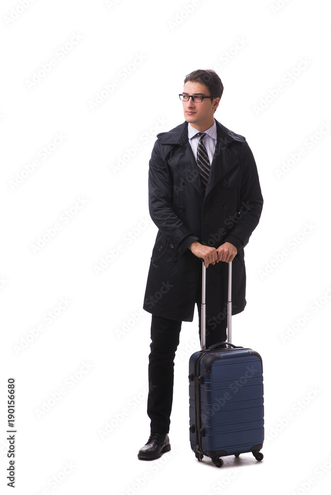 Young businessman with suitcase ready for business trip on white Young businessman with suitcase ready for business trip on white