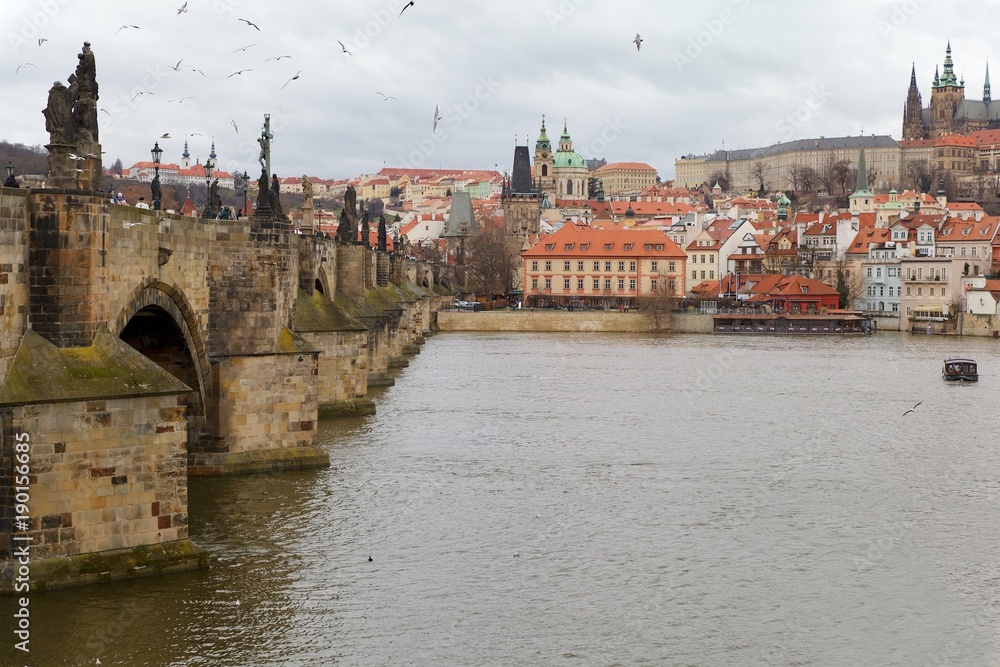  Prague historical center with Charles Bridge on Vltava river and Prague Castle, Czech Republic