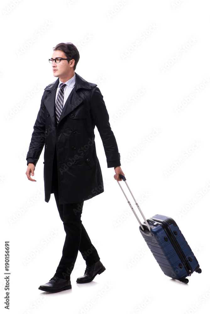 Young businessman with suitcase ready for business trip on white Young businessman with suitcase ready for business trip on white