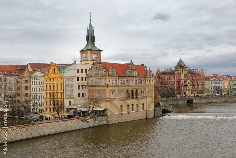 View of Vltava riverbank and Novotny Lavka, Prague Czech Republic