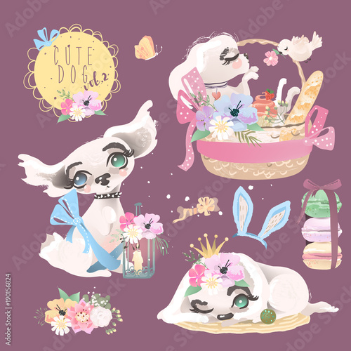 Cute baby dog, puppy, collection, set. Adorable little girl princess dog with flowers, floral wreath, romantic basket, bird, macaroons, butterfly, bunny ears, tied bows and whimsical lantern