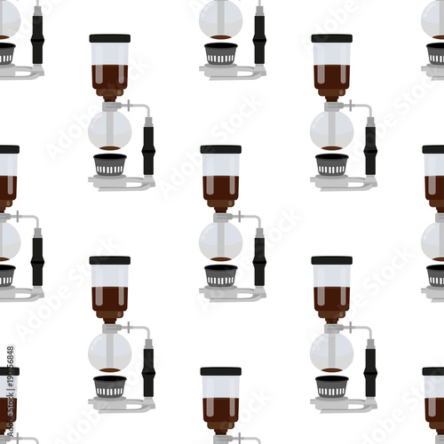 Seamless coffee pattern consisting of coffee, airpress on a yellow background. Siphon prints for coffee houses. Creative coffee pattern, siphon vector background. Colorful bright pattern