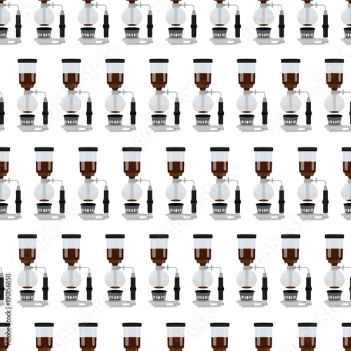 Seamless coffee pattern consisting of coffee, airpress on a yellow background. Siphon prints for coffee houses. Creative coffee pattern, siphon vector background. Colorful bright pattern