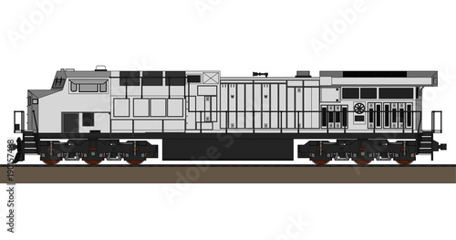 Modern diesel railway locomotive with great power and strength for moving long and heavy railroad train. Vector illustration with outline stroke lines.