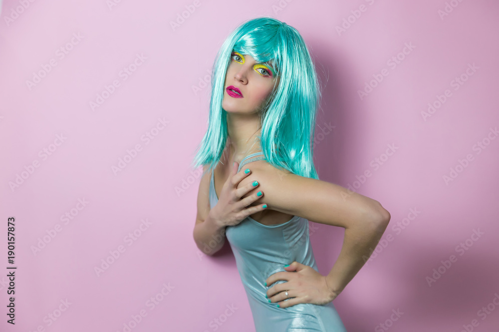 beautiful stylish girl with blue hair look at you beautiful stylish girl with blue hair look at you