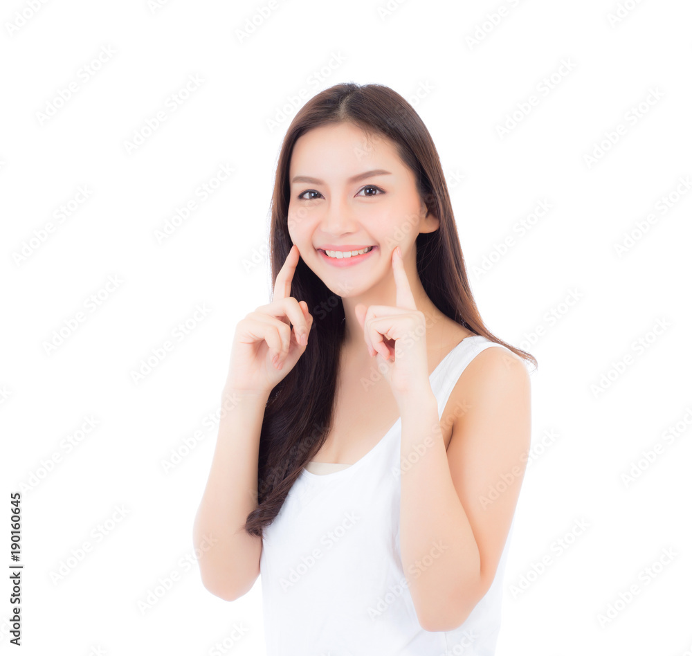 Portrait of beautiful asian woman makeup of cosmetic, girl hand touch cheek and smile attractive, face of beauty perfect with wellness isolated on white background with skin healthcare concept. Portrait of beautiful asian woman makeup of cosmetic, girl hand touch cheek and smile attractive, face of beauty perfect with wellness isolated on white background with skin healthcare concept.