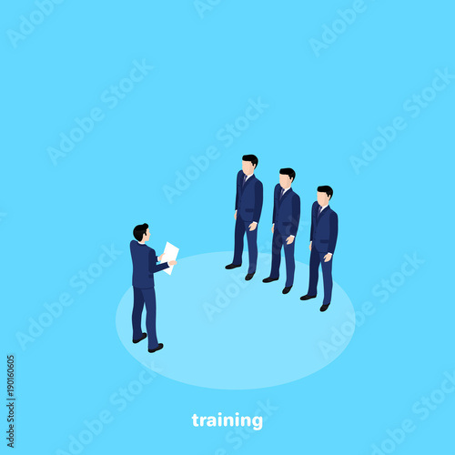 a man in a business suit with a sheet of paper holds a briefing for beginners, an isometric image